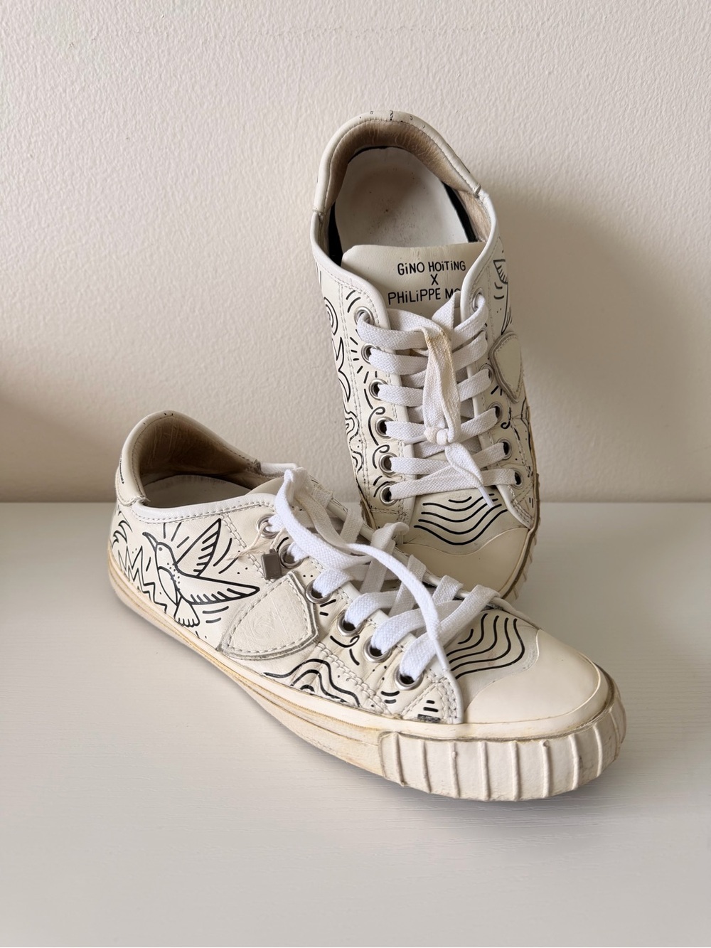 Philippe Model & Gino Hoiting White Sneakers with Black Graphic Art Size 39